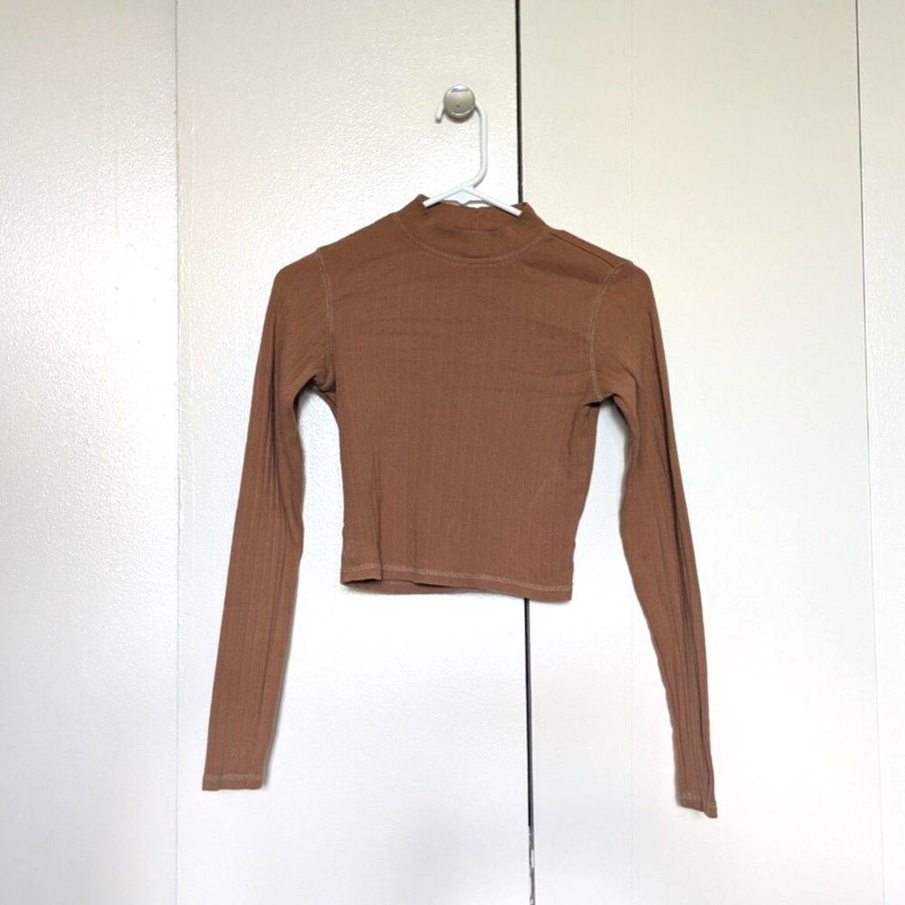 American Eagle Fitted Ribbed Pointelle Brown Long Sleeve Crop Top Sz S